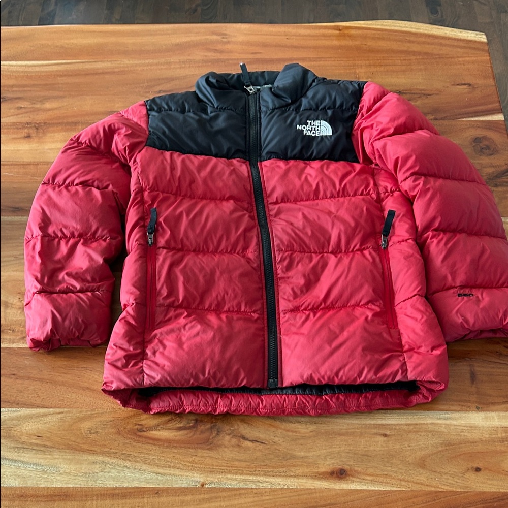 North Face Youth 10/12 Nuptse 550 Puffer Jacket in red and black
